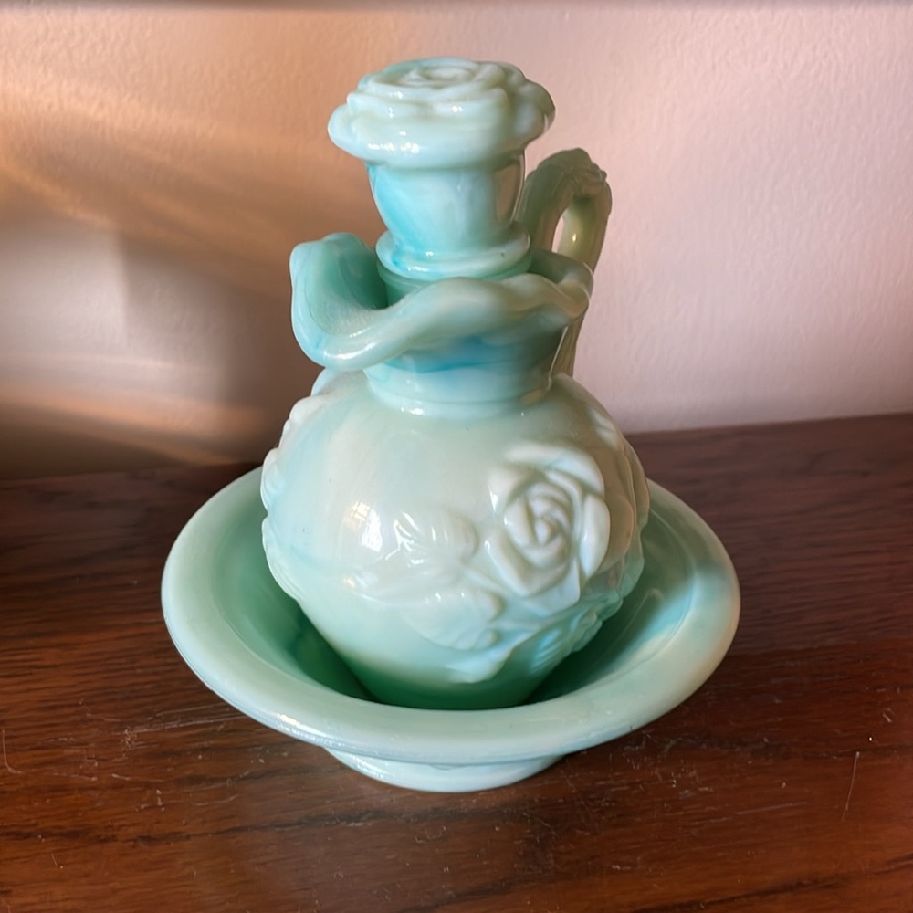 Vintage 1970s Avon jadeite blue-green wash pitcher with stopper and bowl